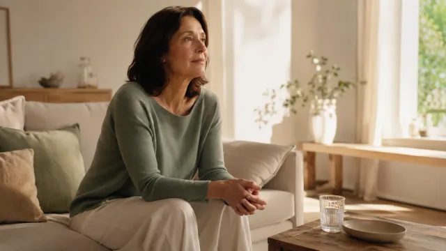 Femme assise sur un canapé, légèrement penchée en avant, les mains jointes.