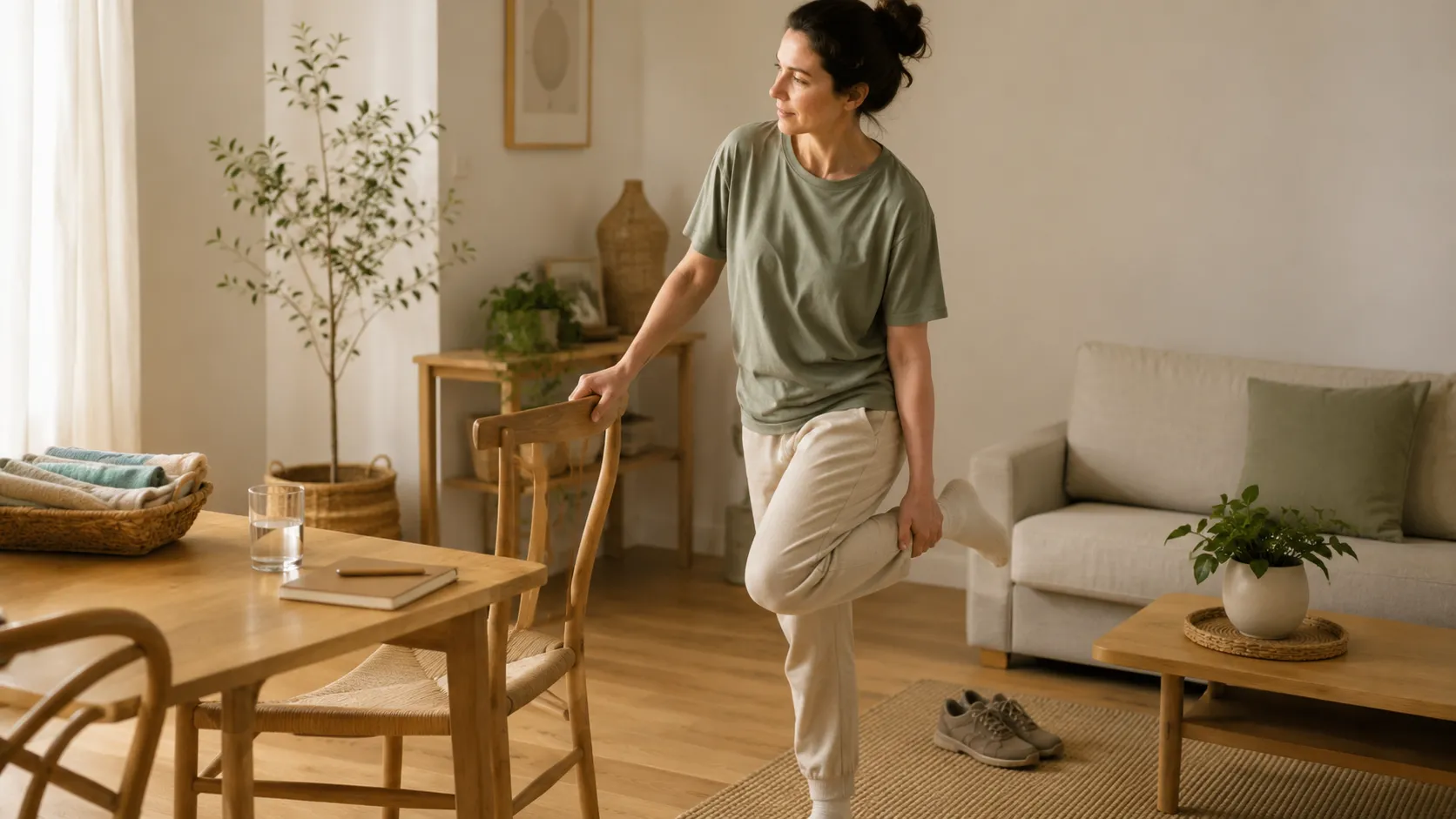 Femme debout près d’une chaise tenant un pied derrière elle, avec un verre d’eau, un carnet, du linge plié et des chaussures à proximité.