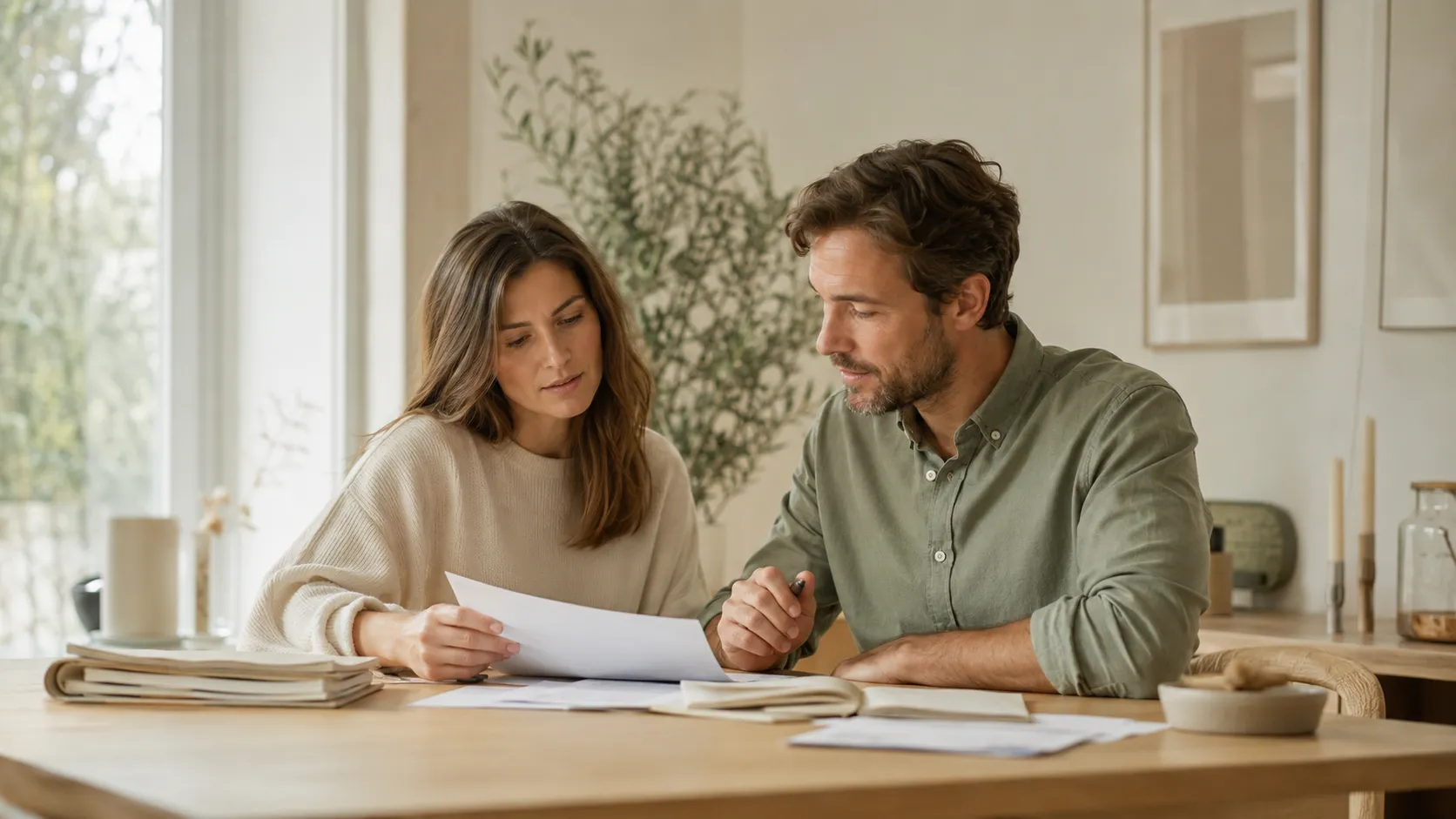 Une femme et un homme assis à une table examinent ensemble des documents, avec un carnet ouvert et un stylo.