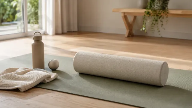 Foam roller écru posé sur un tapis de sol vert sauge avec une balle de massage et une gourde.