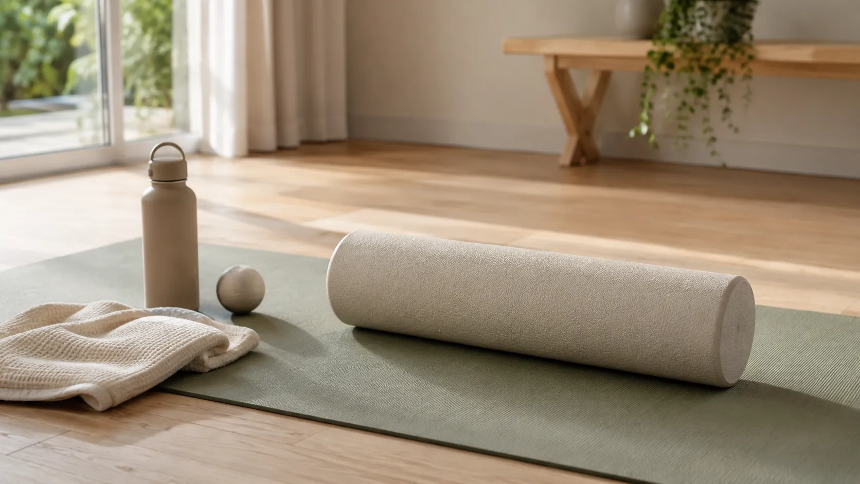 Foam roller écru posé sur un tapis de sol vert sauge avec une balle de massage et une gourde.
