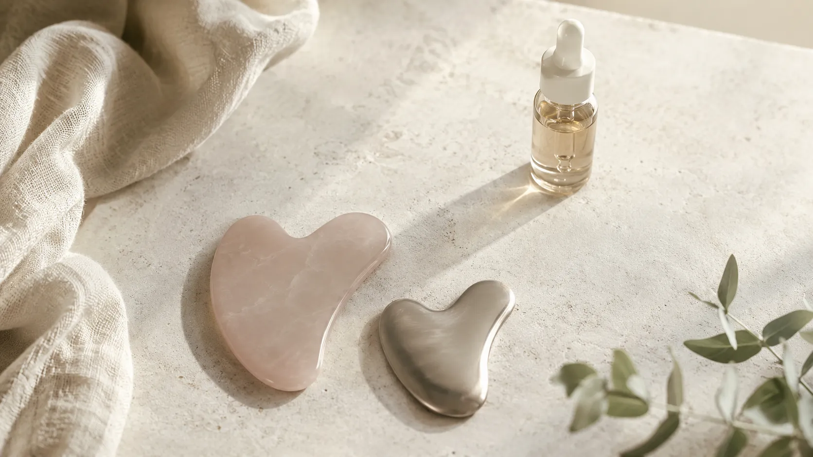 Deux gua sha, l’un en pierre rose et l’autre en métal, posés près d’un flacon de sérum.