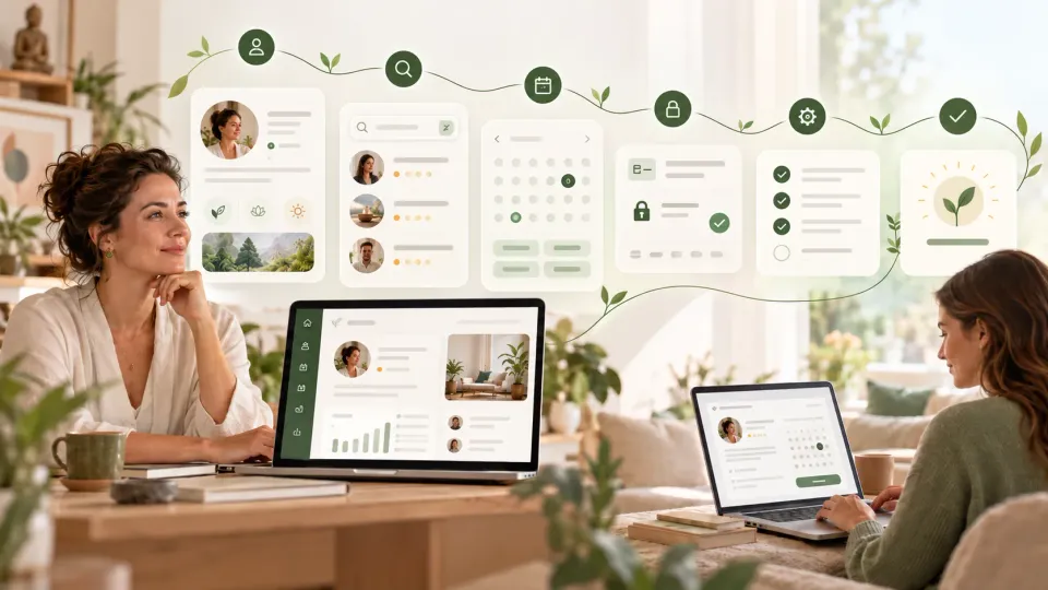 Deux femmes travaillent sur des ordinateurs dans un espace lumineux rempli de plantes, avec des cartes d'interface reliées illustrant le parcours profil, recherche, réservation et paiement.