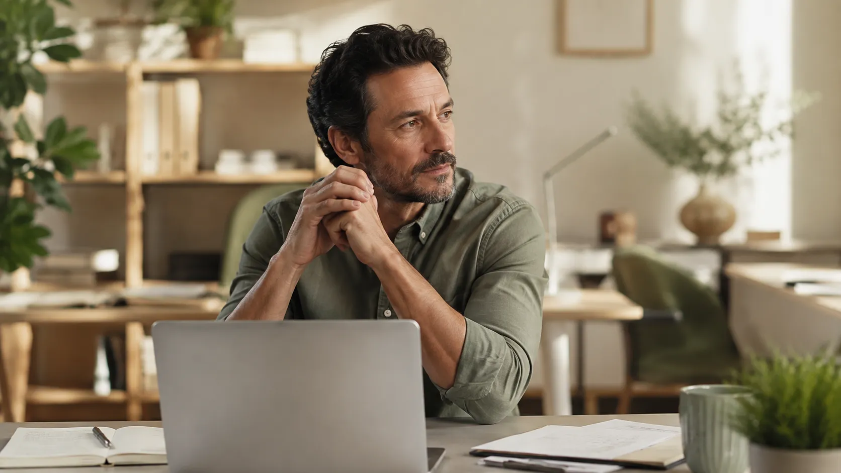 Homme assis à un bureau devant un ordinateur portable, les mains jointes, regardant sur le côté.