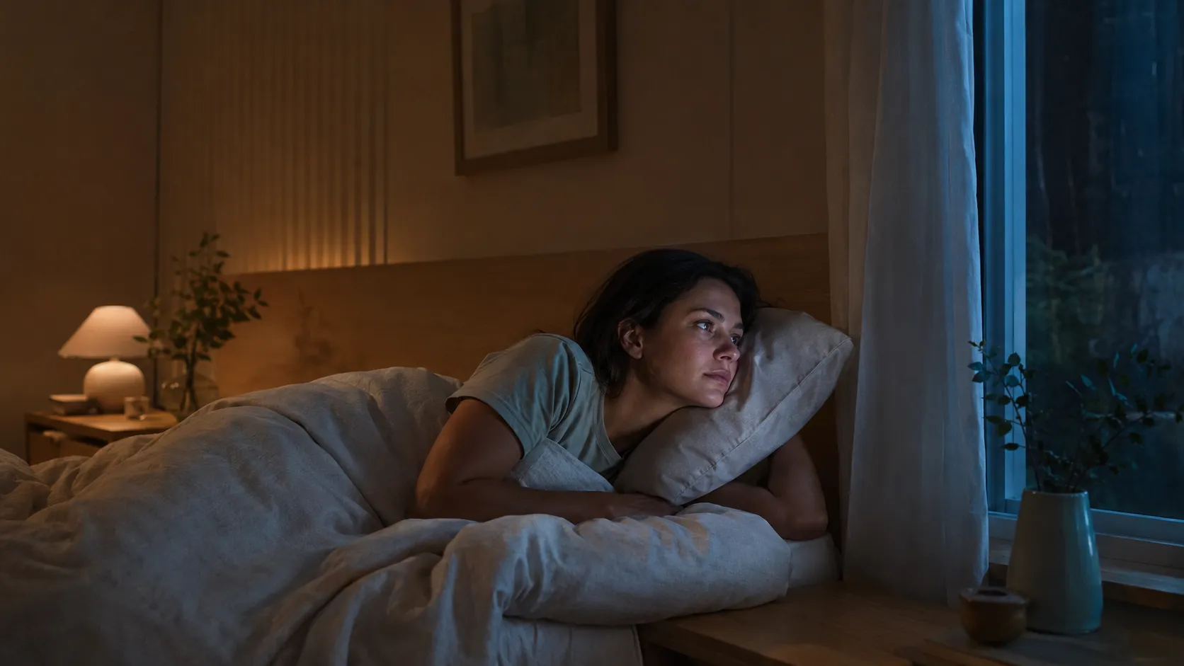 Femme éveillée dans son lit la nuit, regardant vers la fenêtre.