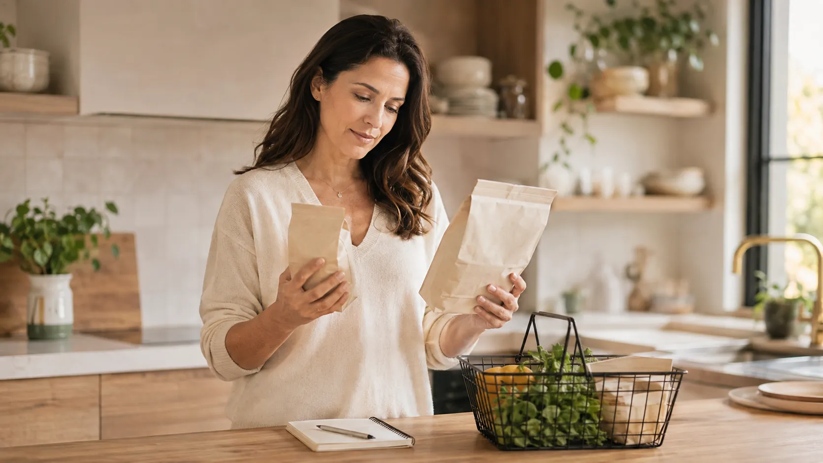 Femme debout dans une cuisine comparant deux emballages alimentaires neutres près d’un panier de courses et d’un carnet.
