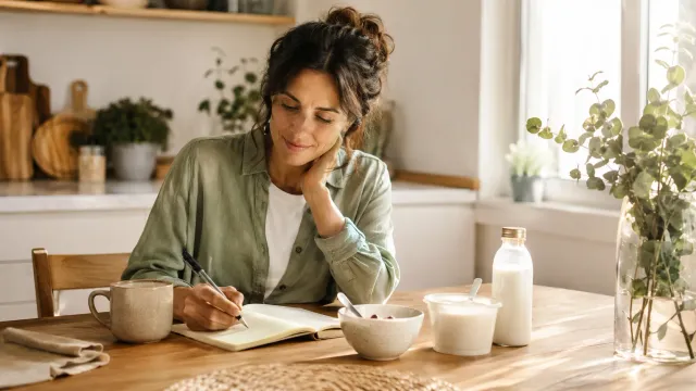Femme assise à une table écrivant dans un carnet, avec une bouteille de lait, un yaourt et un bol devant elle.