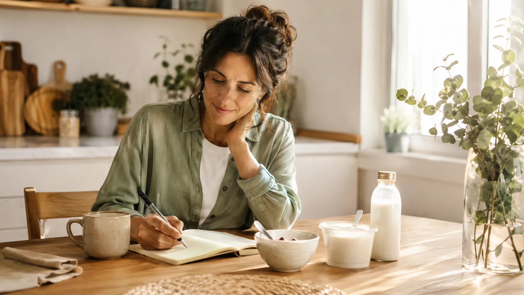Femme assise à une table écrivant dans un carnet, avec une bouteille de lait, un yaourt et un bol devant elle.