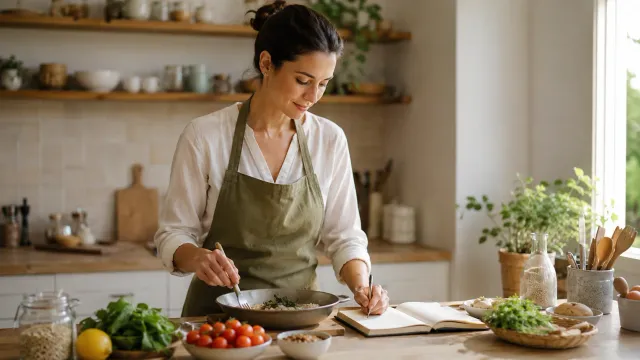 Femme préparant un repas dans une cuisine lumineuse tout en écrivant dans un carnet, entourée de légumes variés.