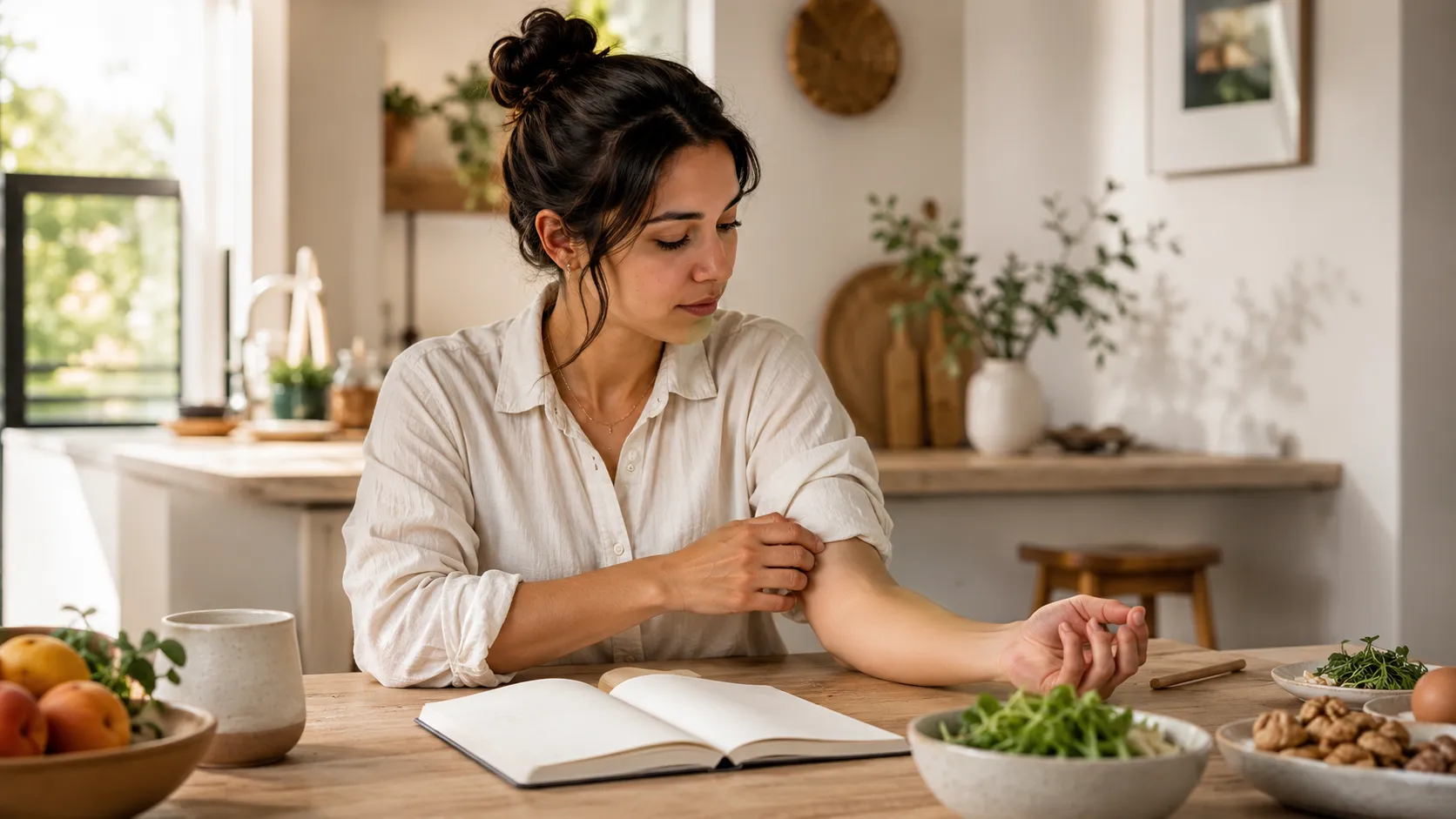 Femme assise à une table observant son avant-bras, avec un carnet ouvert et plusieurs aliments à proximité.