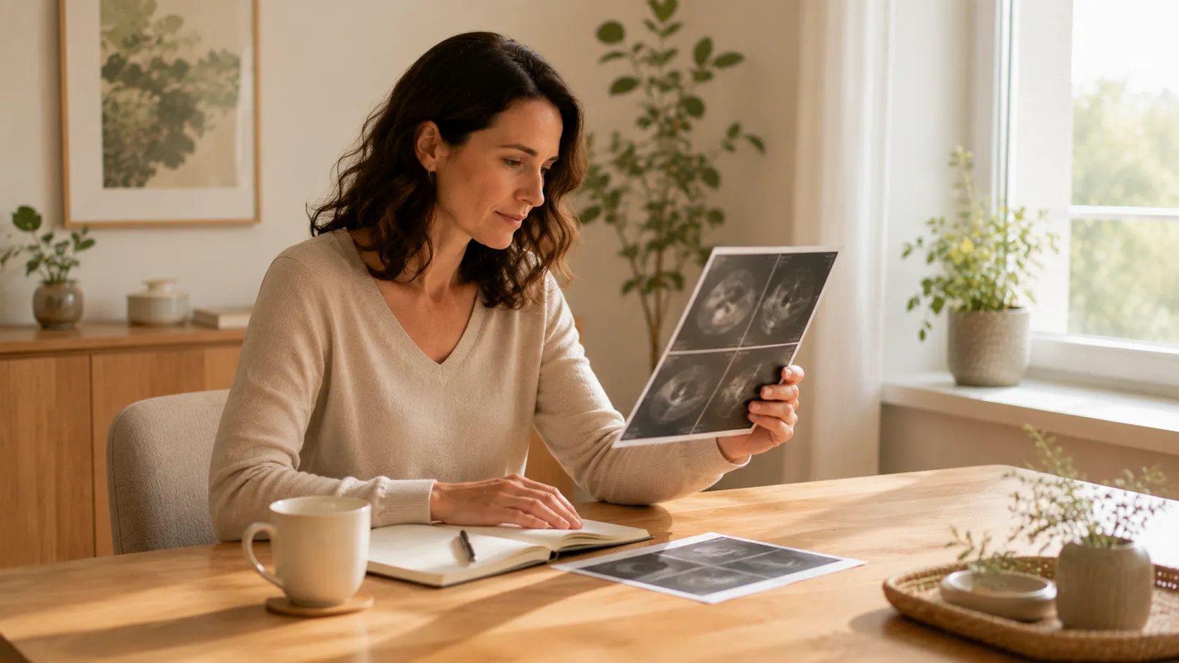 Femme assise à une table examinant une planche d’images médicales en noir et blanc, avec un carnet ouvert devant elle.