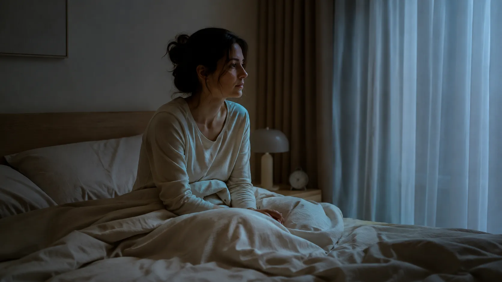 Femme assise éveillée dans son lit pendant la nuit, près d’une fenêtre.