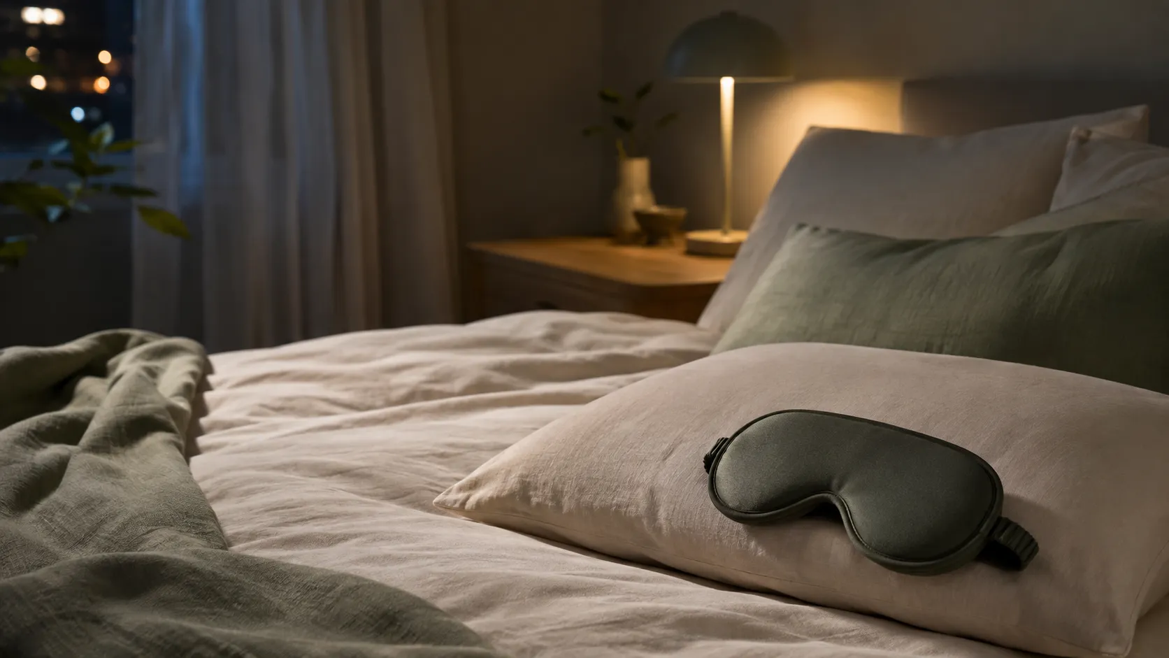 Masque de sommeil sombre posé sur un oreiller dans une chambre éclairée par une lampe de chevet.
