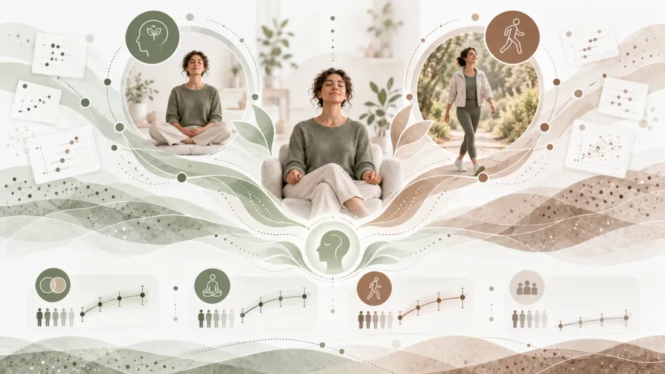 Illustration éditoriale sur une méta-analyse de 2026 évaluant l’association entre pleine conscience, activité physique et réduction du stress.