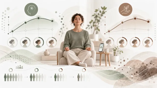 Illustration éditoriale sur une étude de 2026 évaluant l’apprentissage de la pleine conscience chez des débutants utilisant une application de méditation.