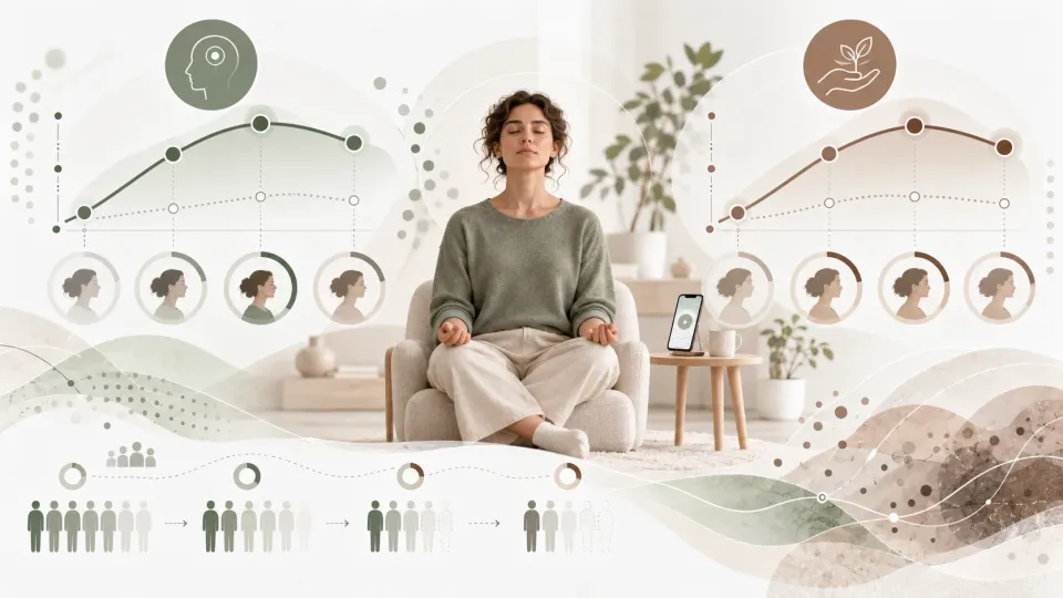 Illustration éditoriale sur une étude de 2026 évaluant l’apprentissage de la pleine conscience chez des débutants utilisant une application de méditation.