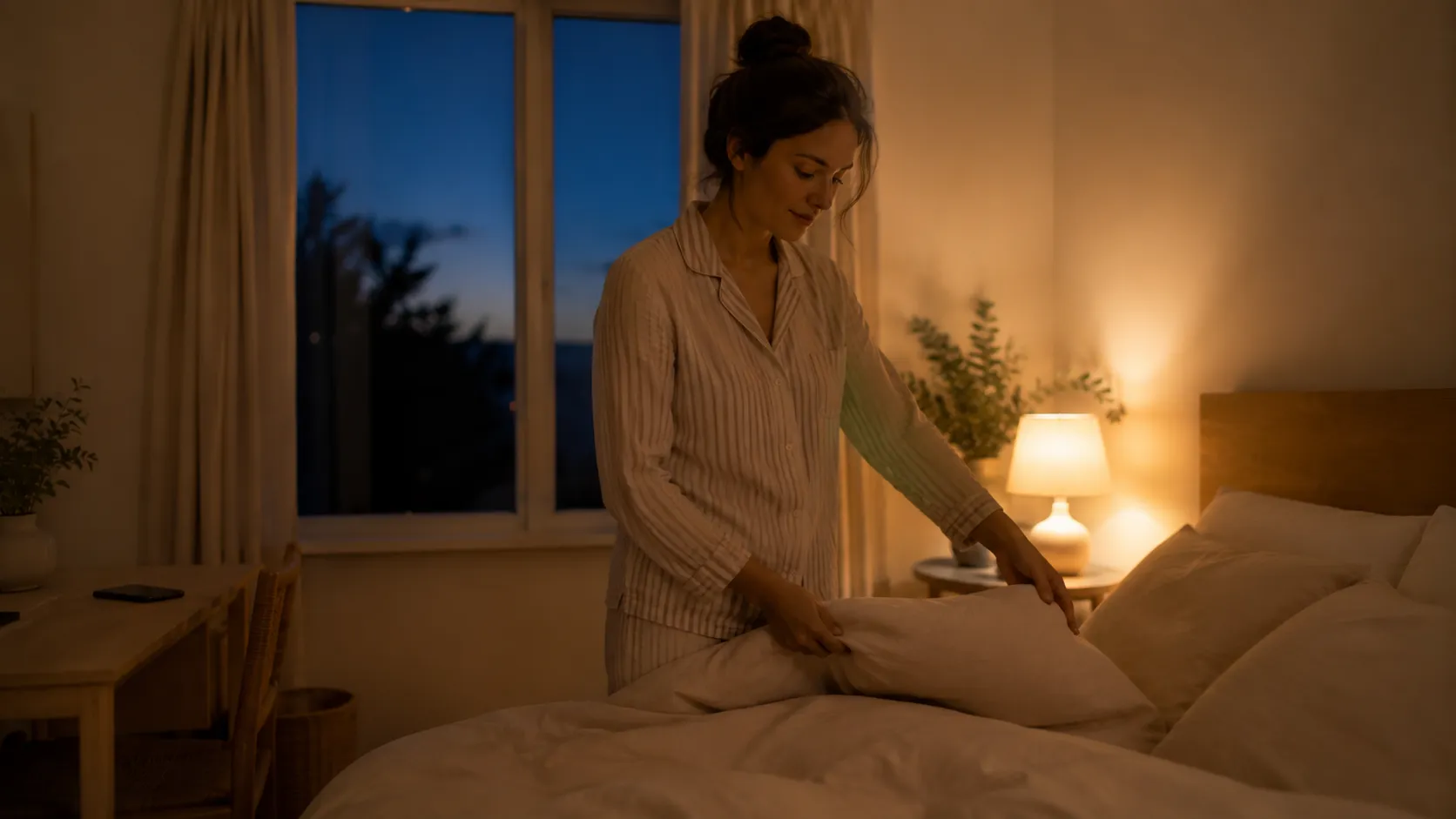 Femme en pyjama préparant son lit dans une chambre éclairée doucement en soirée.