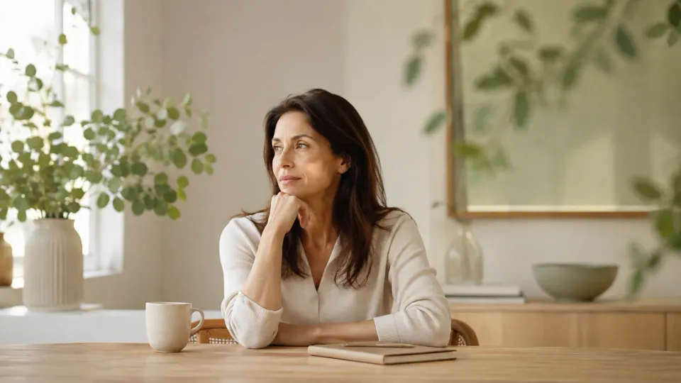 Femme assise à une table, le menton posé sur la main, près d’une tasse et d’un carnet.