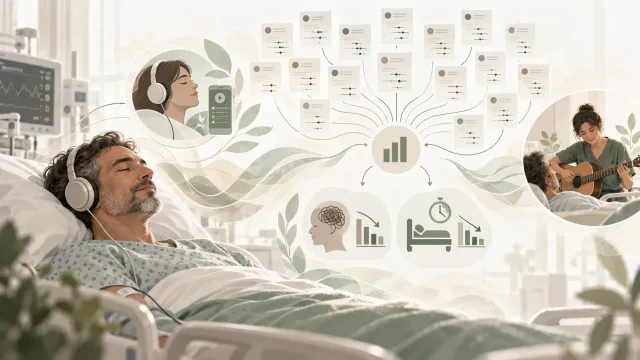 Illustration éditoriale sur les effets d’interventions musicales chez des patients adultes en soins intensifs.