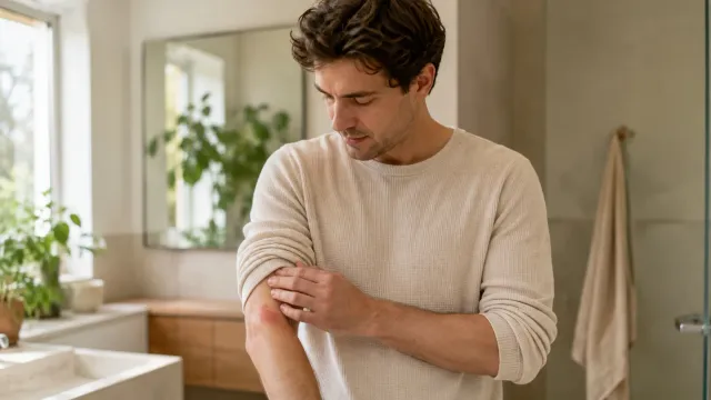 Homme dans une salle de bain observant une plaque rouge arrondie sur son avant-bras.