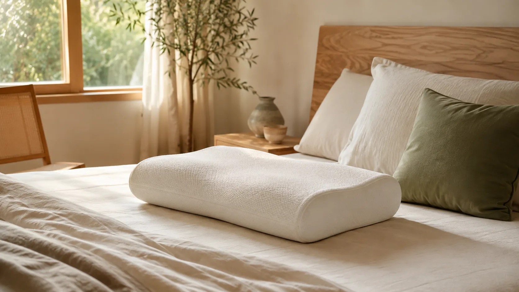 Oreiller ergonomique blanc à forme profilée posé sur un lit aux tons écrus et vert sauge.