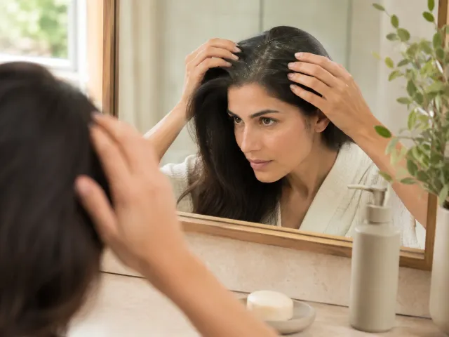 Femme observant des pellicules grasses visibles sur la raie de ses cheveux devant un miroir