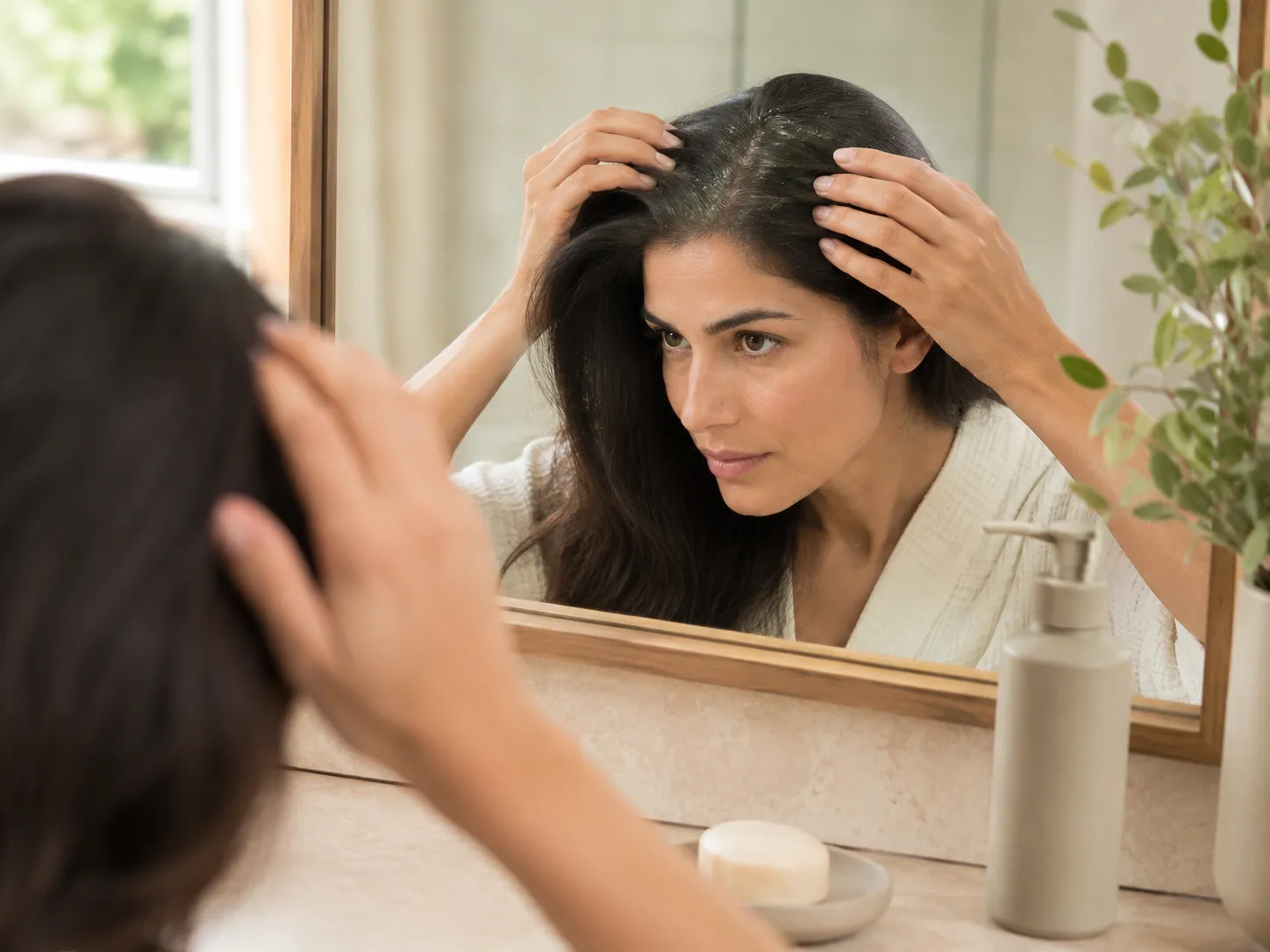 Femme observant des pellicules grasses visibles sur la raie de ses cheveux devant un miroir