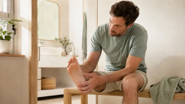 Homme assis dans une salle de bain lumineuse observant la plante de son pied.