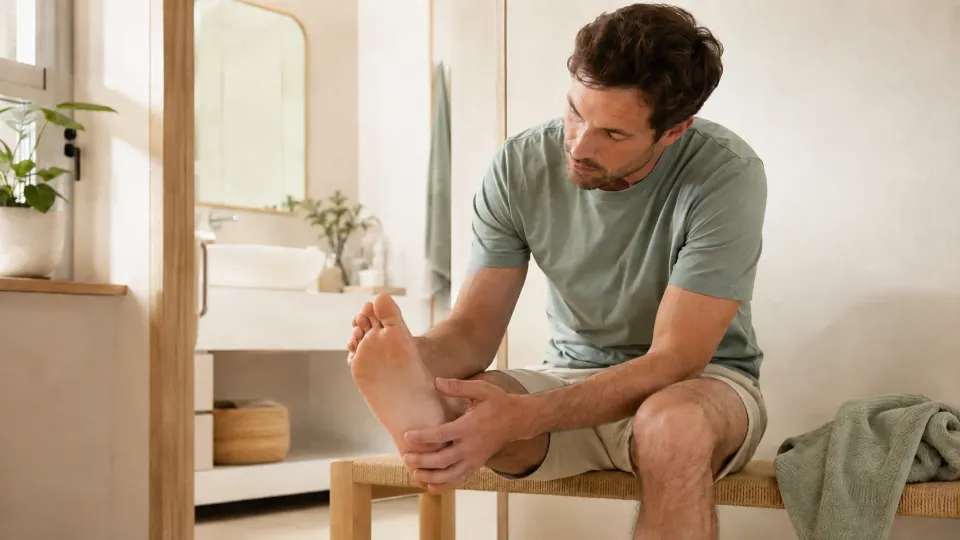Homme assis dans une salle de bain lumineuse observant la plante de son pied.