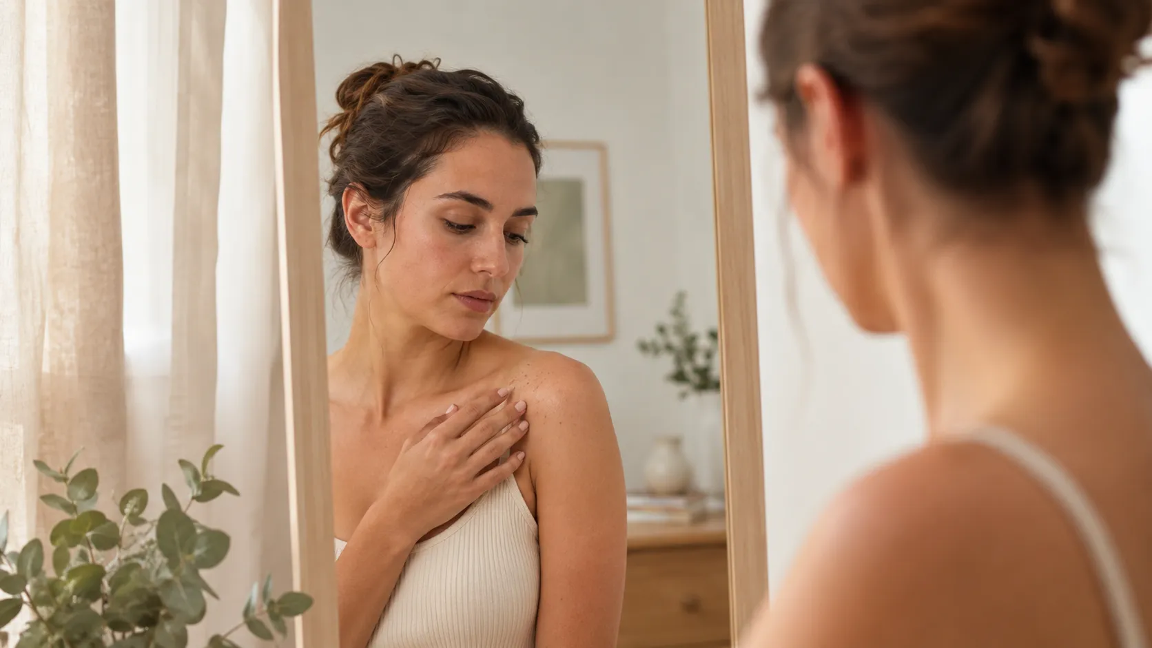 Femme observant dans un miroir de petites taches discrètes sur son épaule.