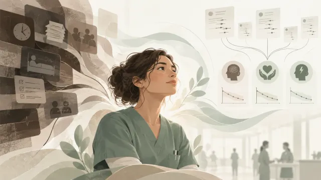 Illustration éditoriale sur les effets de la pleine conscience sur le burnout et la fatigue compassionnelle chez les infirmiers.