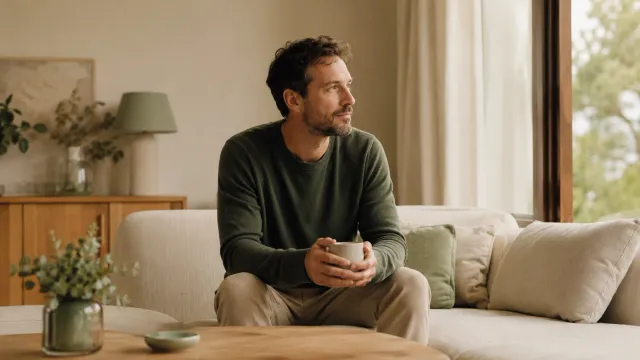 Homme assis sur un canapé, une tasse entre les mains, regardant vers une fenêtre.