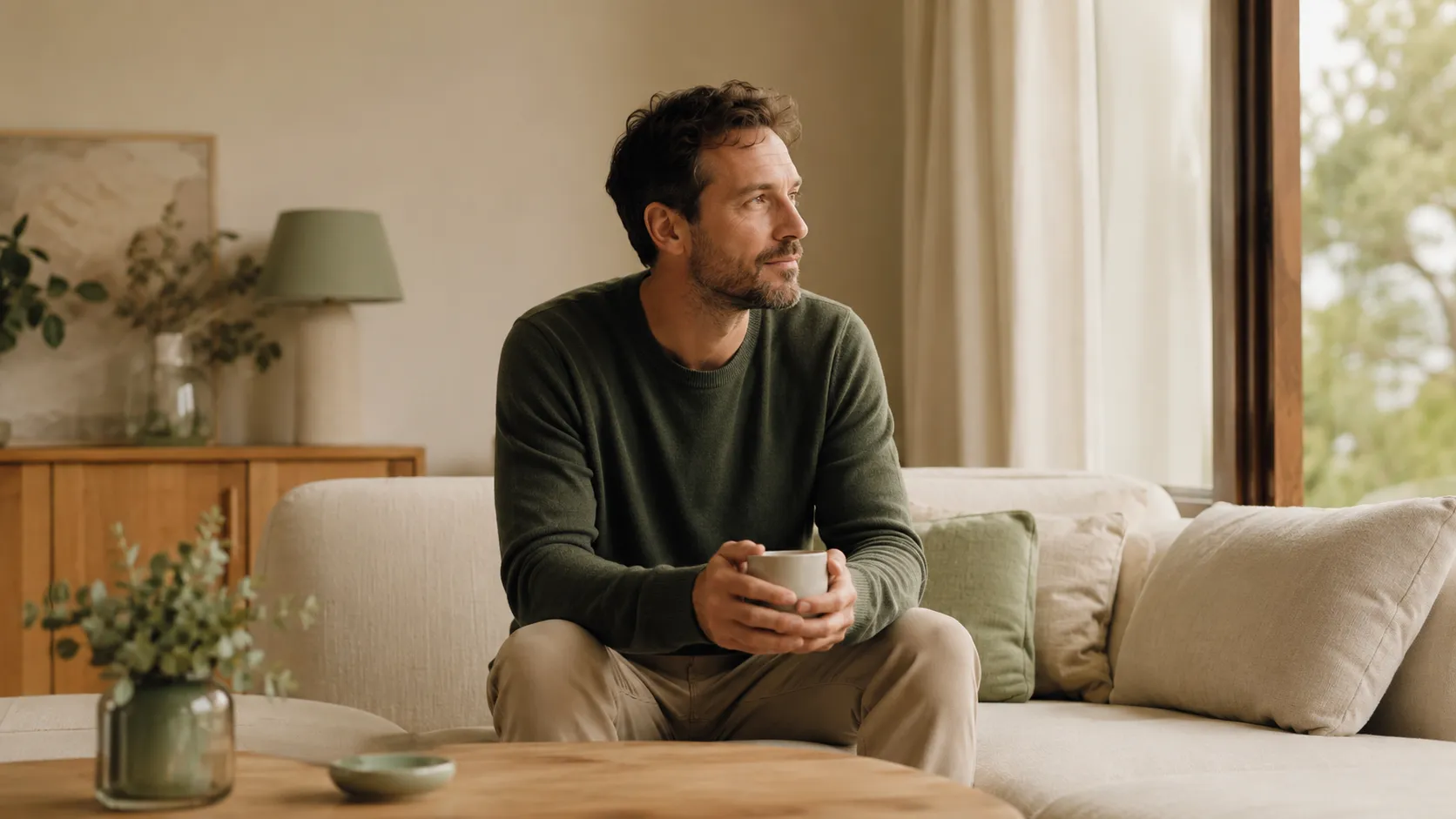 Homme assis sur un canapé, une tasse entre les mains, regardant vers une fenêtre.