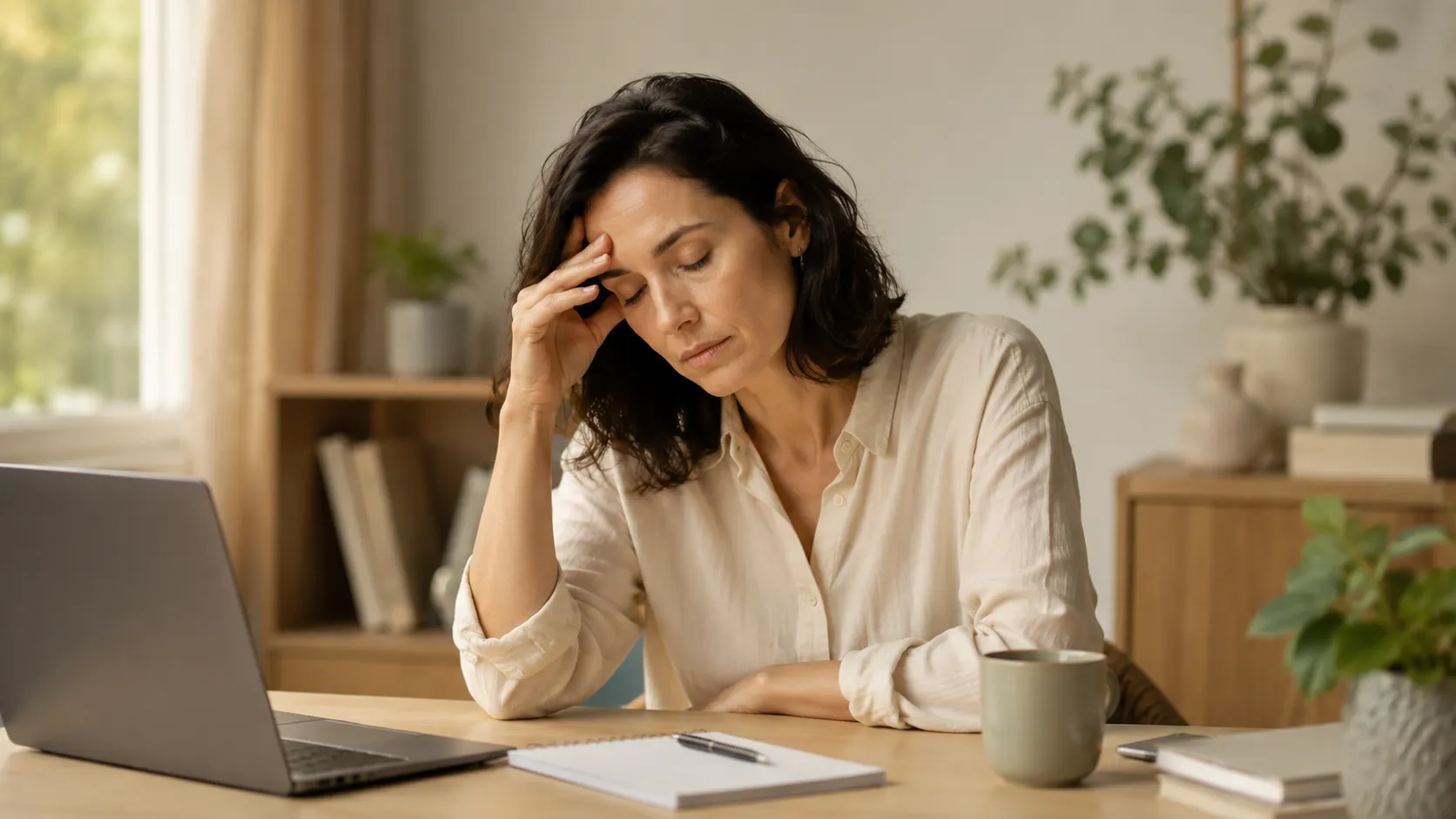 Femme assise à un bureau devant un ordinateur portable, les yeux fermés et une main posée sur le front.