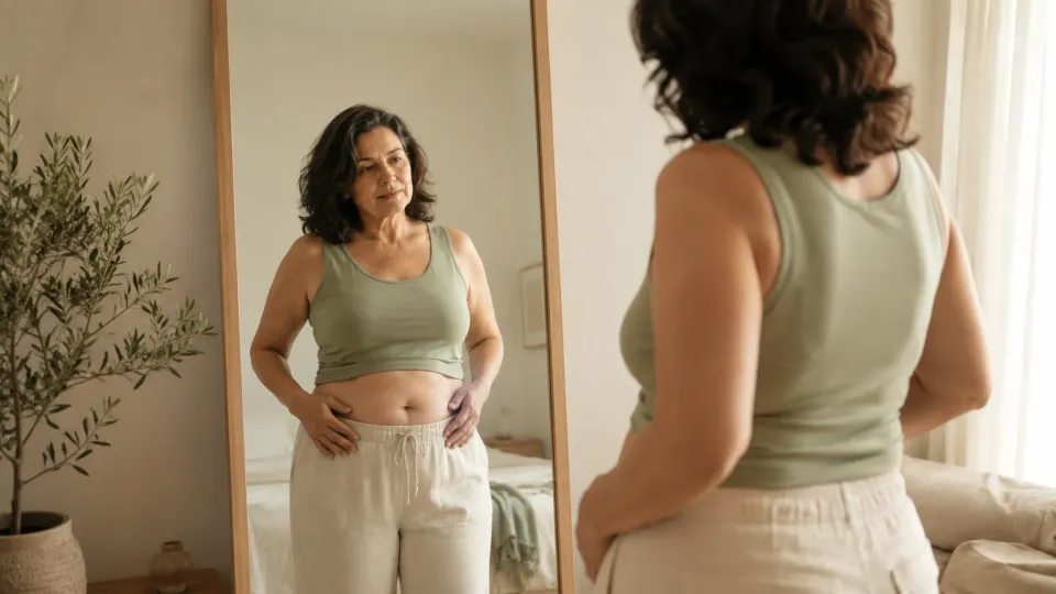 Femme debout devant un miroir, les mains posées sur la taille, dans une chambre lumineuse.