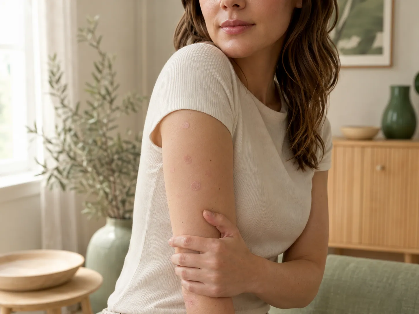 Personne montrant plusieurs petites plaques rondes sur le bras, évocatrices d’un psoriasis en gouttes.