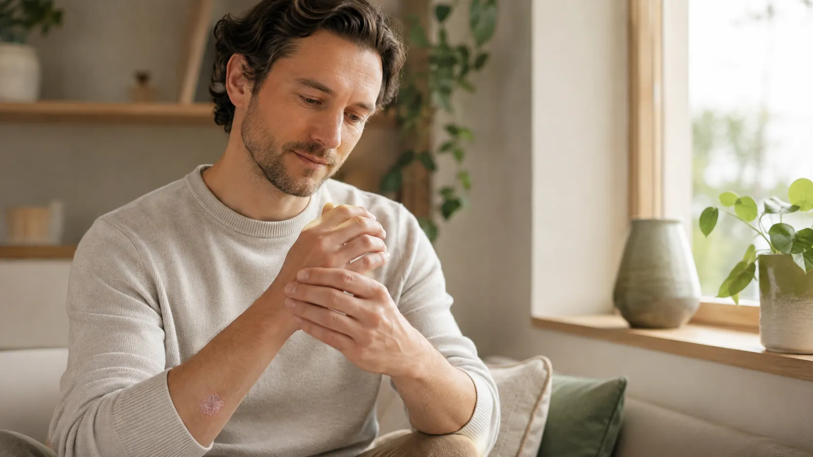 Personne tenant doucement son poignet, avec une plaque de psoriasis visible sur l’avant-bras.