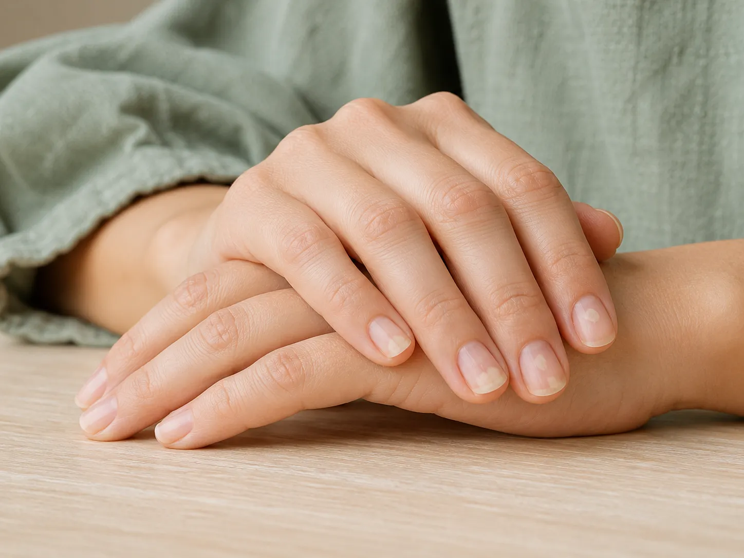 Gros plan sur des mains avec plusieurs ongles marqués par des signes évocateurs de psoriasis unguéal.