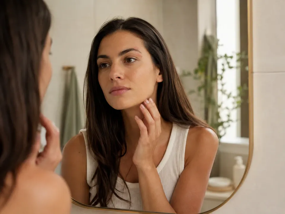 Personne observant une plaque discrète sur le visage devant un miroir.