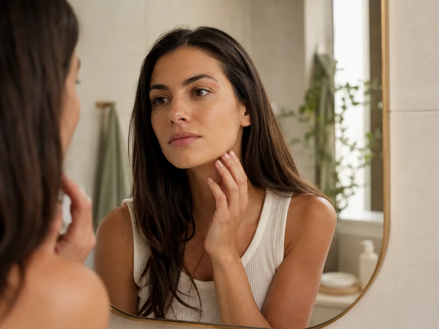Personne observant une plaque discrète sur le visage devant un miroir.