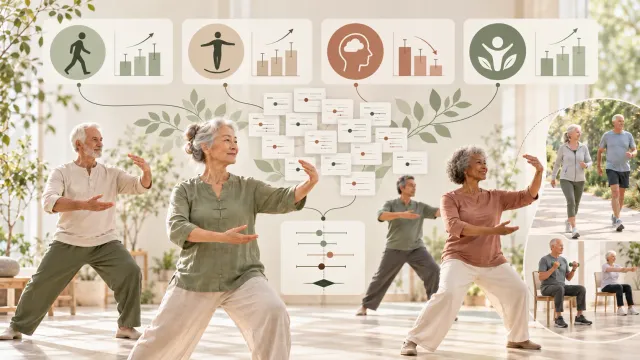Illustration éditoriale sur une méta-analyse de 2026 évaluant le Qigong, la marche, l’équilibre, la santé mentale et la qualité de vie chez les personnes âgées.