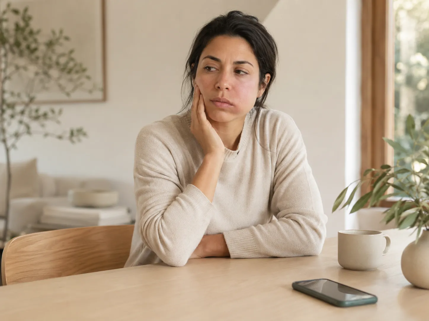 Femme assise à une table, main contre la joue, surveillant une réaction du visage avec un téléphone posé à portée de main.