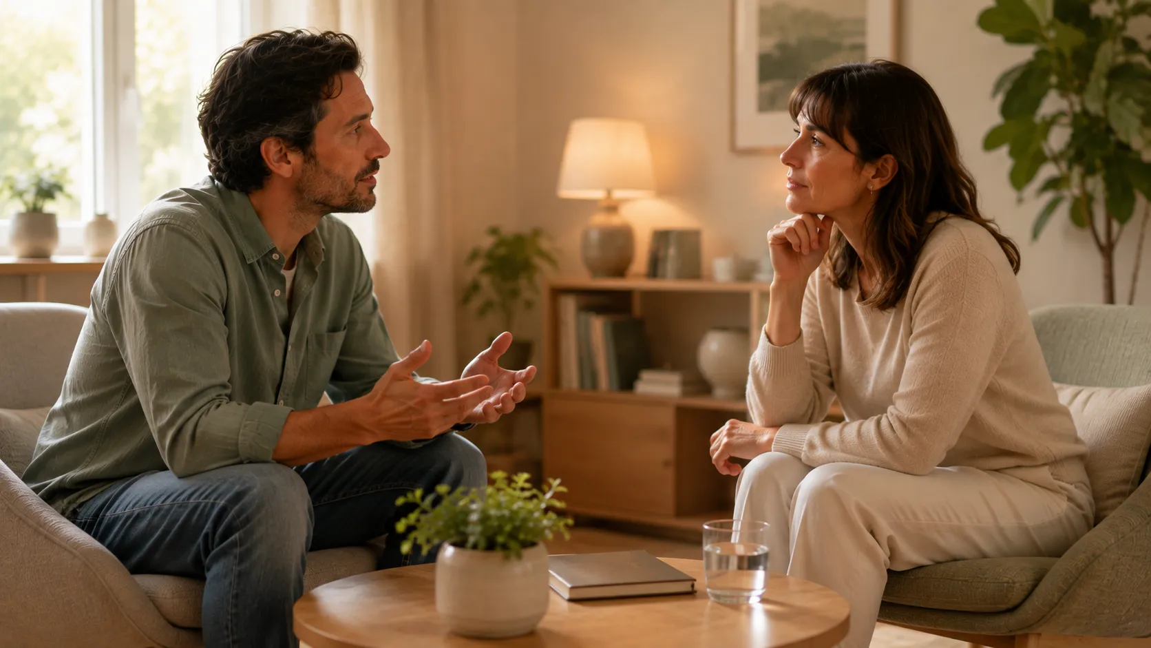Deux adultes assis face à face échangent dans un intérieur lumineux.