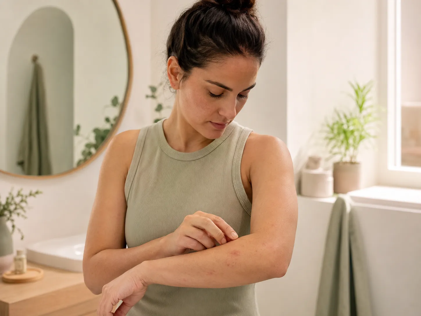 Femme observant de discrètes plaques rouges sur son avant-bras dans une salle de bain lumineuse.
