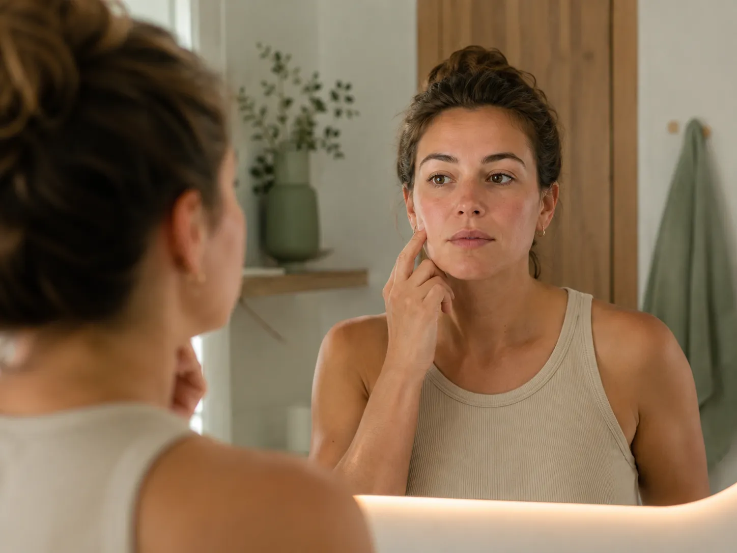Femme observant sa peau dans un miroir, avec quelques rougeurs et imperfections du visage, illustrant l’hésitation entre rosacée et acné adulte.