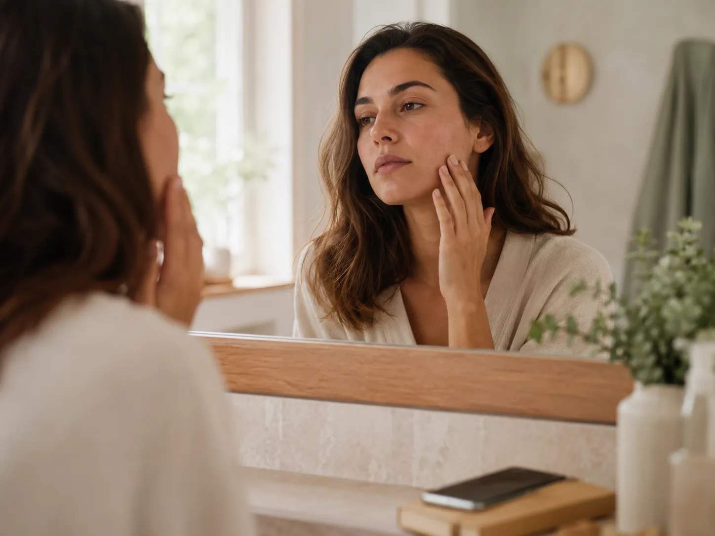 Femme examinant une rougeur de la joue devant un miroir, illustrant le moment de consulter pour une rosacée.