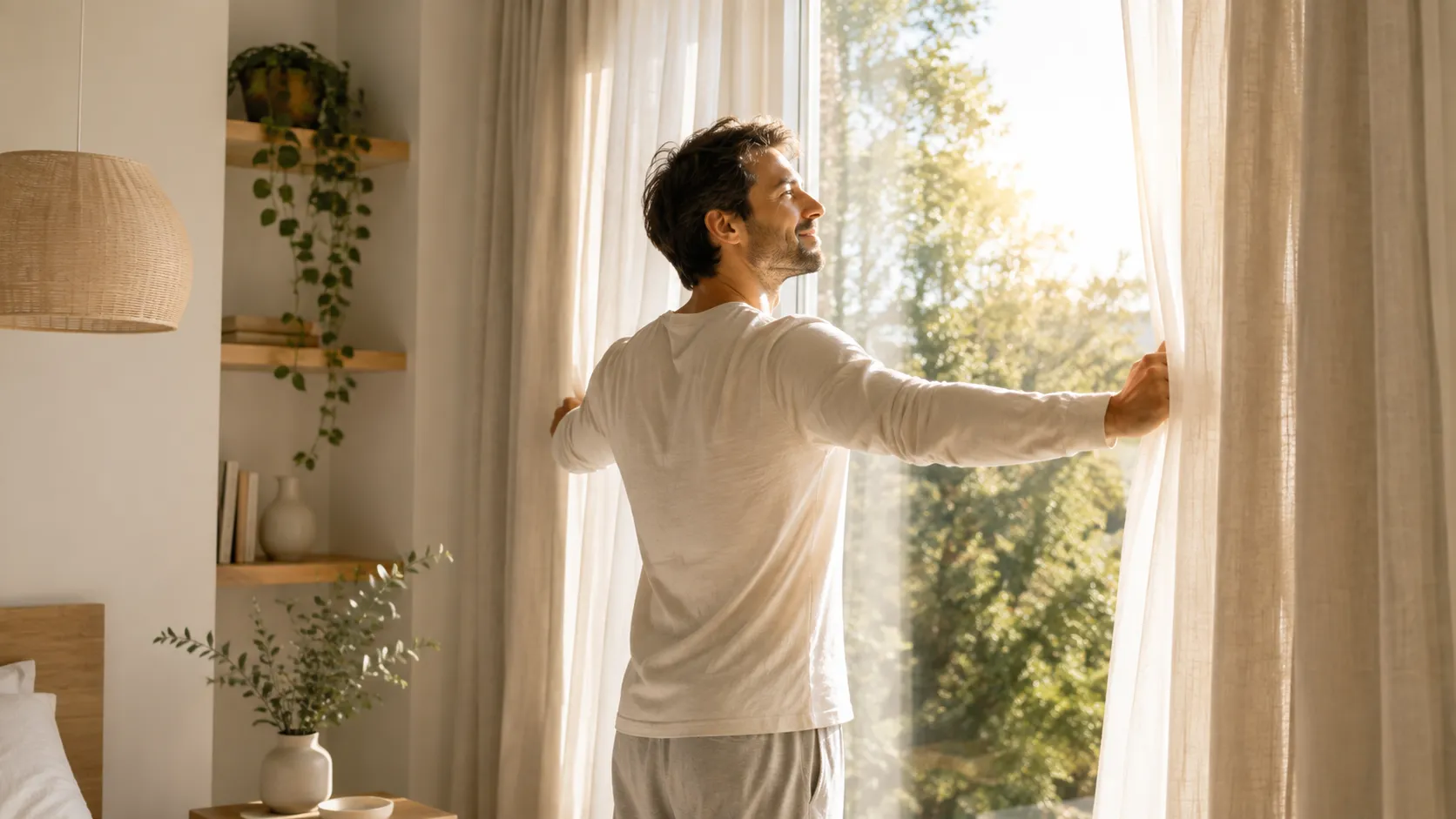 Homme ouvrant les rideaux d’une chambre baignée par la lumière du matin.