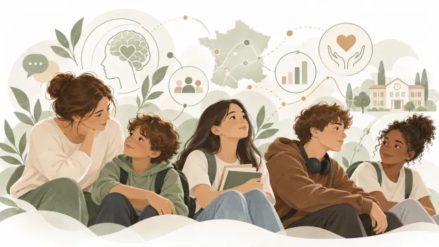 Illustration éditoriale sur les nouvelles données françaises concernant la santé mentale des enfants et des adolescents.
