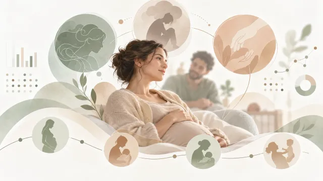 Illustration éditoriale sur la santé mentale pendant la grossesse et la première année après l’accouchement.
