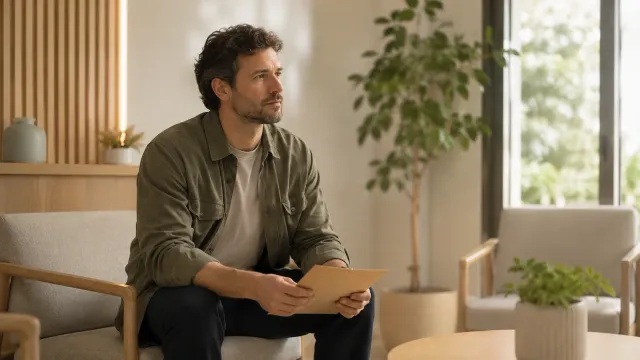 Homme assis dans un fauteuil tenant un dossier entre les mains dans un intérieur lumineux.